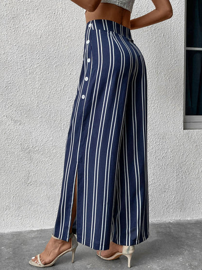 Trousers- Women's Stripe Sailor Wide Leg Slit Pants- - Pekosa Women Clothing