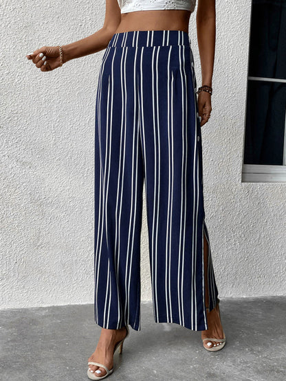 Trousers- Women's Stripe Sailor Wide Leg Slit Pants- - Pekosa Women Clothing