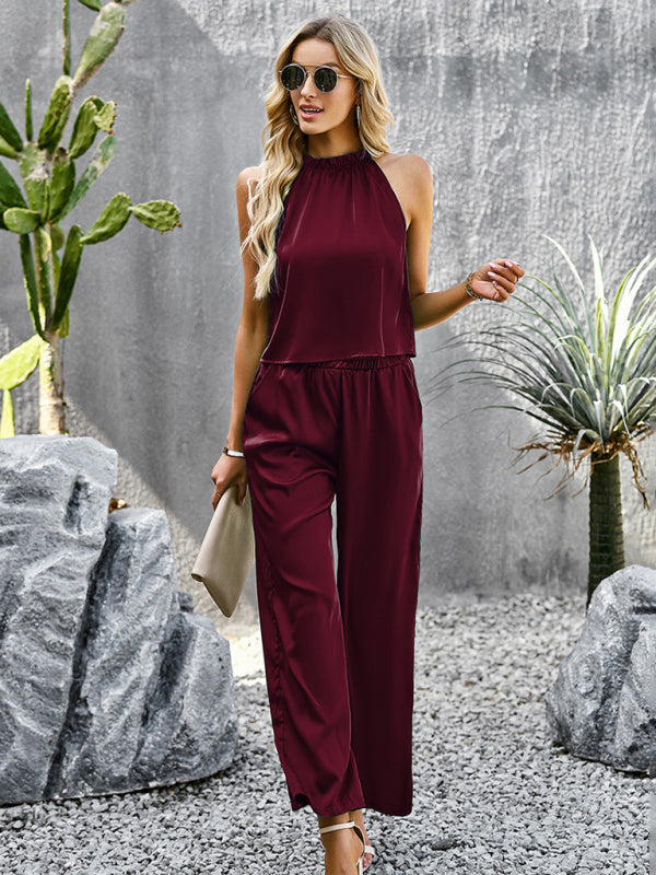 Trousers set- Glossy Set: Halter Tank Top + Trousers- - Pekosa Women Clothing