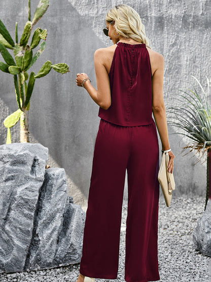 Trousers set- Glossy Set: Halter Tank Top + Trousers- - Pekosa Women Clothing