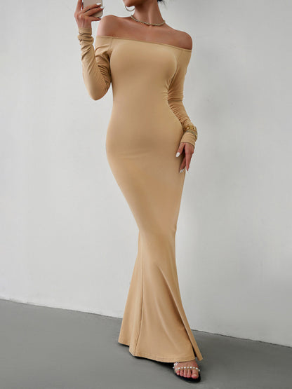 Trumpet Dresses- Solid Long Sleeve Bodycon Off-Shoulder Mermaid Dress- - Pekosa Women Clothing