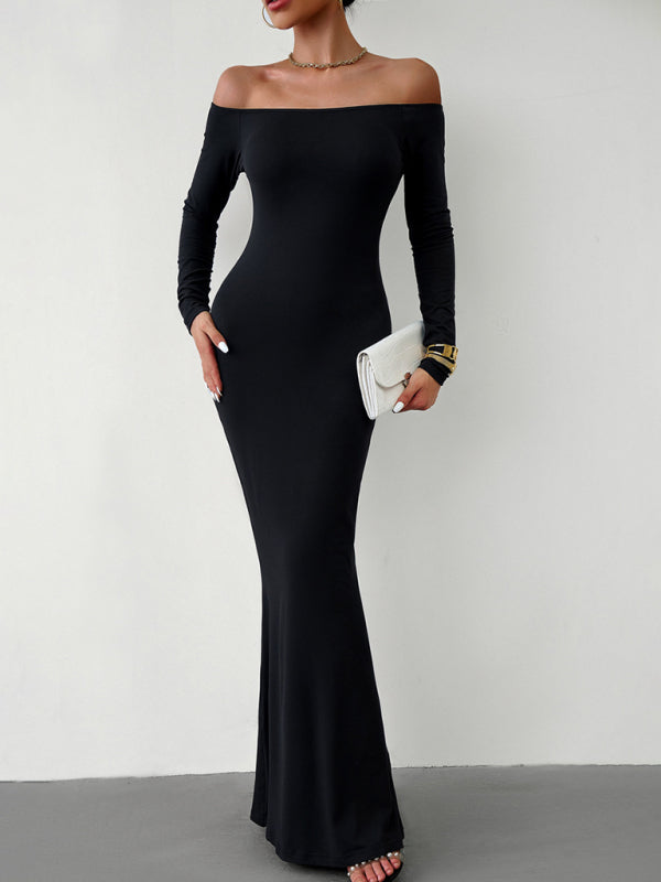 Trumpet Dresses- Solid Long Sleeve Bodycon Off-Shoulder Mermaid Dress- - Pekosa Women Clothing