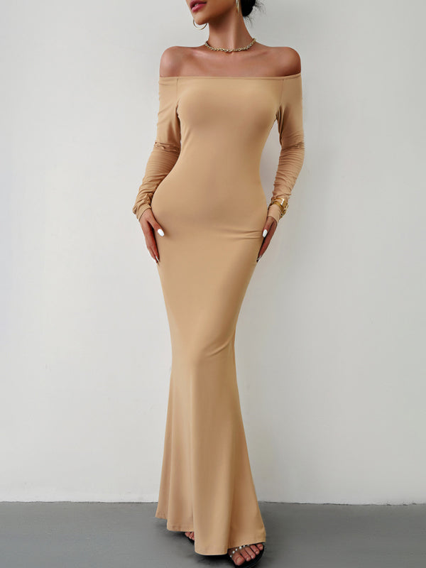 Trumpet Dresses- Solid Long Sleeve Bodycon Off-Shoulder Mermaid Dress- - Pekosa Women Clothing