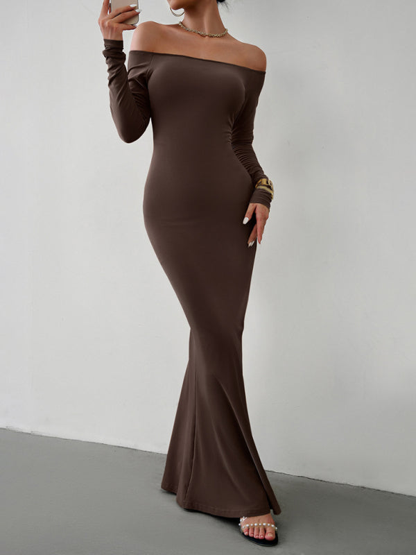 Trumpet Dresses- Solid Long Sleeve Bodycon Off-Shoulder Mermaid Dress- - Pekosa Women Clothing