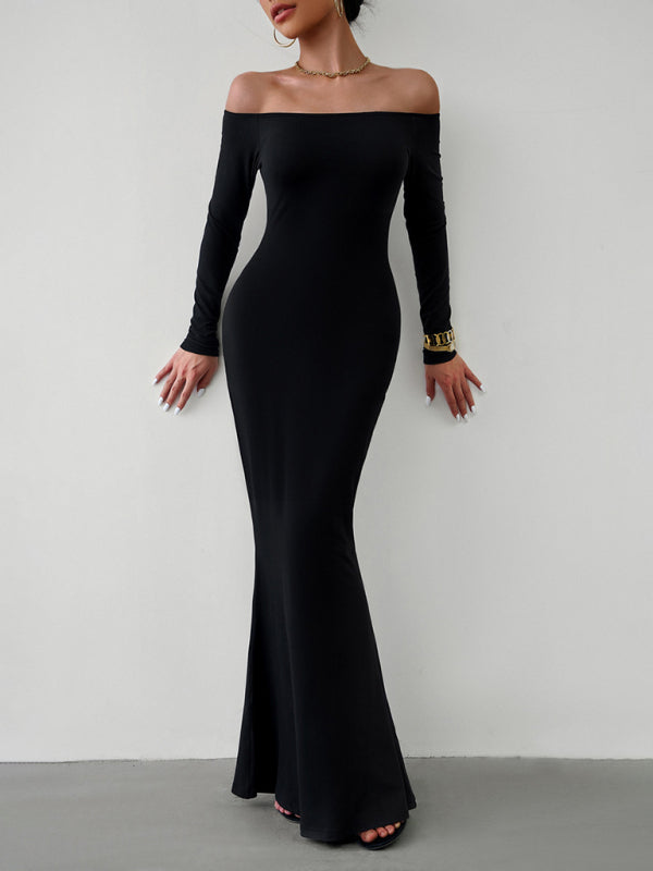 Trumpet Dresses- Solid Long Sleeve Bodycon Off-Shoulder Mermaid Dress- - Pekosa Women Clothing