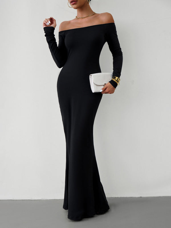 Trumpet Dresses- Solid Long Sleeve Bodycon Off-Shoulder Mermaid Dress- - Pekosa Women Clothing