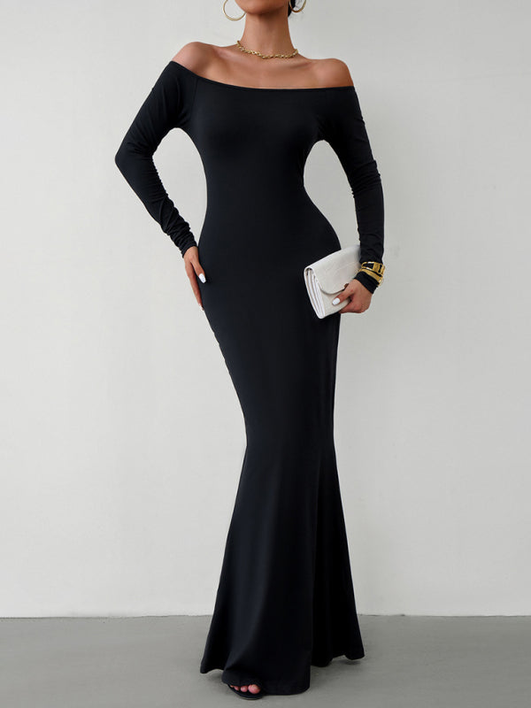 Trumpet Dresses- Solid Long Sleeve Bodycon Off-Shoulder Mermaid Dress- - Pekosa Women Clothing