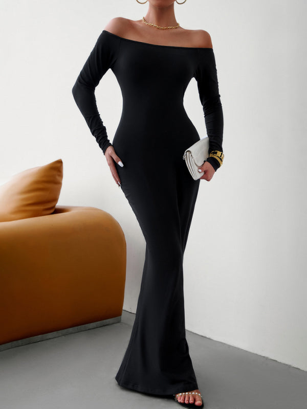 Trumpet Dresses- Solid Long Sleeve Bodycon Off-Shoulder Mermaid Dress- - Pekosa Women Clothing