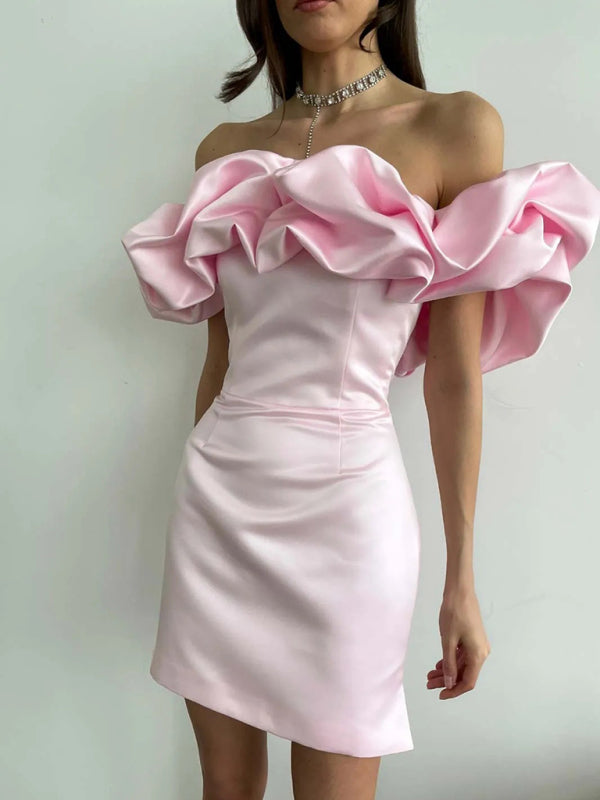 Tube Dresses- Elegant Satin Ruffle Off Shoulder Tube Mini Dress- Pink- Pekosa Women Clothing