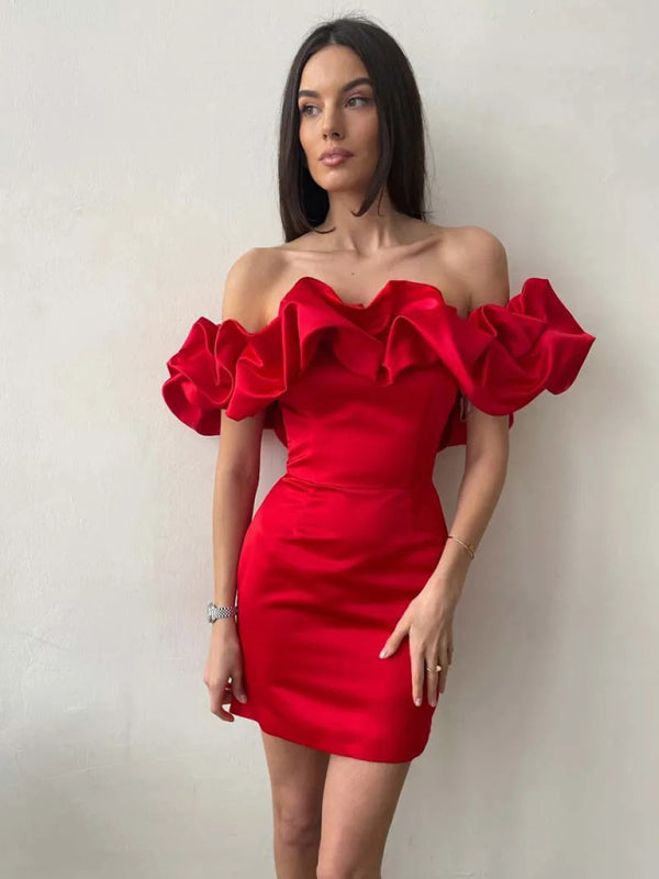 Tube Dresses- Elegant Satin Ruffle Off Shoulder Tube Mini Dress- Red- Pekosa Women Clothing