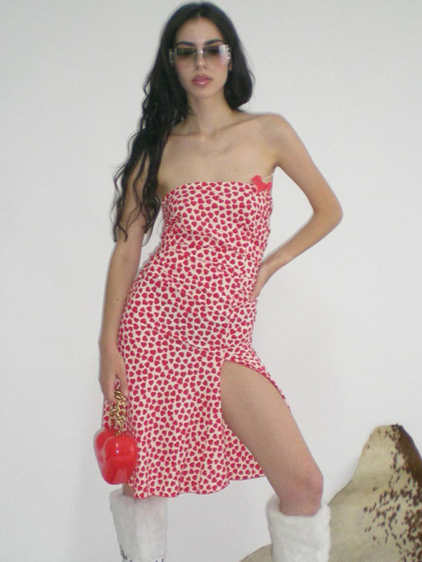 Tube Dresses- Garden Party Floral Print Tube Sheath Midi Dress- Red- Pekosa Women Clothing