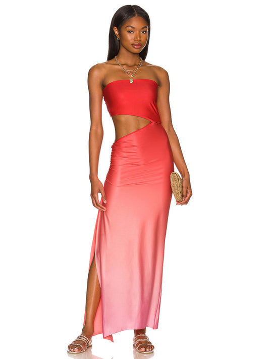 Tube Dresses- Summer Ombre in a Strapless Cutout Maxi Dress for Your Vacation- Red- Pekosa Women Clothing