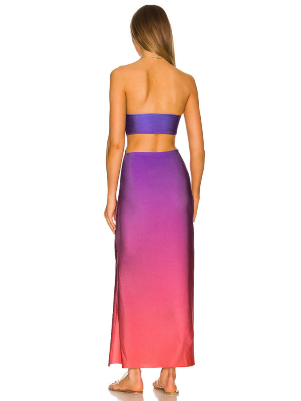 Tube Dresses- Vacation Strapless Cutout Maxi Dress with Side Slit- - Pekosa Women Clothing