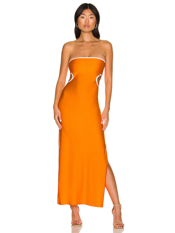 Tube Dresses- Vacation Strapless Cutout Maxi Dress with Side Slit- - Pekosa Women Clothing