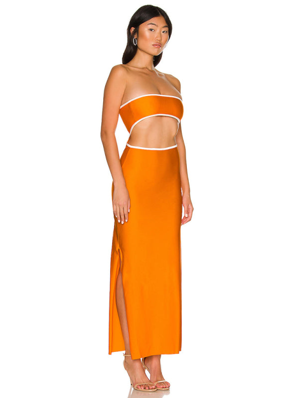 Tube Dresses- Vacation Strapless Cutout Maxi Dress with Side Slit- - Pekosa Women Clothing