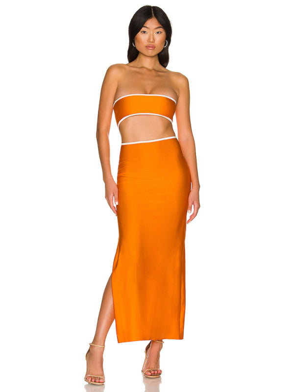 Tube Dresses- Vacation Strapless Cutout Maxi Dress with Side Slit- Orange- Pekosa Women Clothing