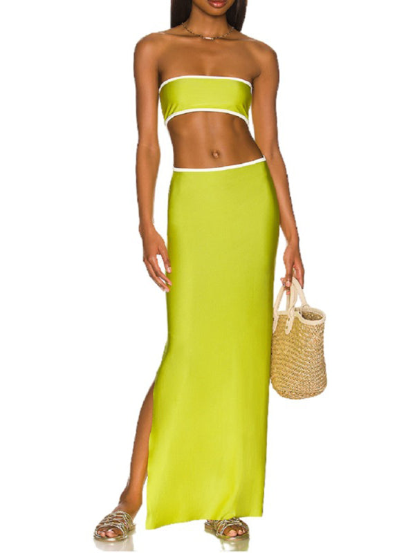 Tube Dresses- Vacation Strapless Cutout Maxi Dress with Side Slit- Yellow- Pekosa Women Clothing