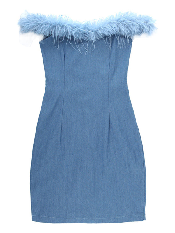 Tube Mini Dresses- Blue Jean Off The Shoulder Feather Tube Mini Dress- - Pekosa Women Clothing