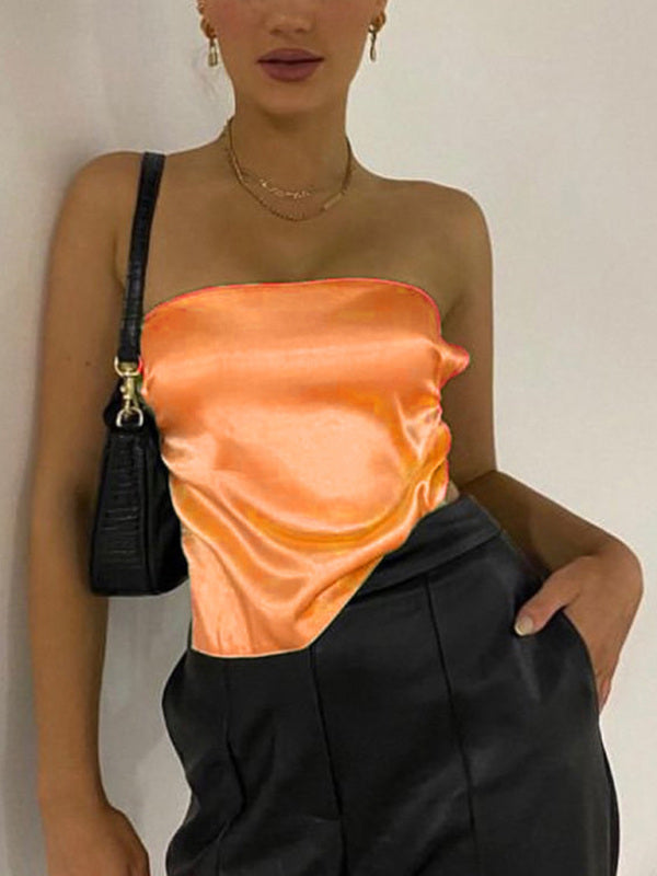 Tube Tops- Luxe Satin Strapless Tube Top in Backless- Orange- Pekosa Women Fashion