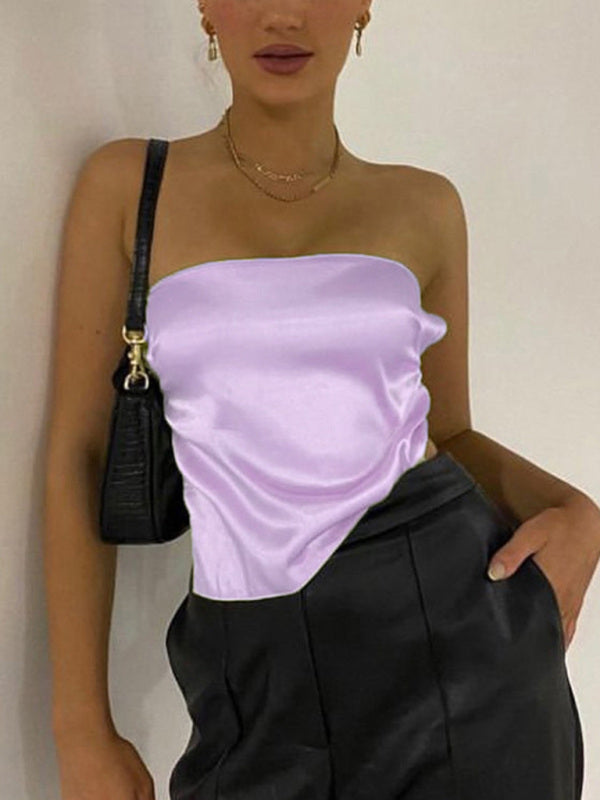 Tube Tops- Luxe Satin Strapless Tube Top in Backless- Purple- Pekosa Women Fashion