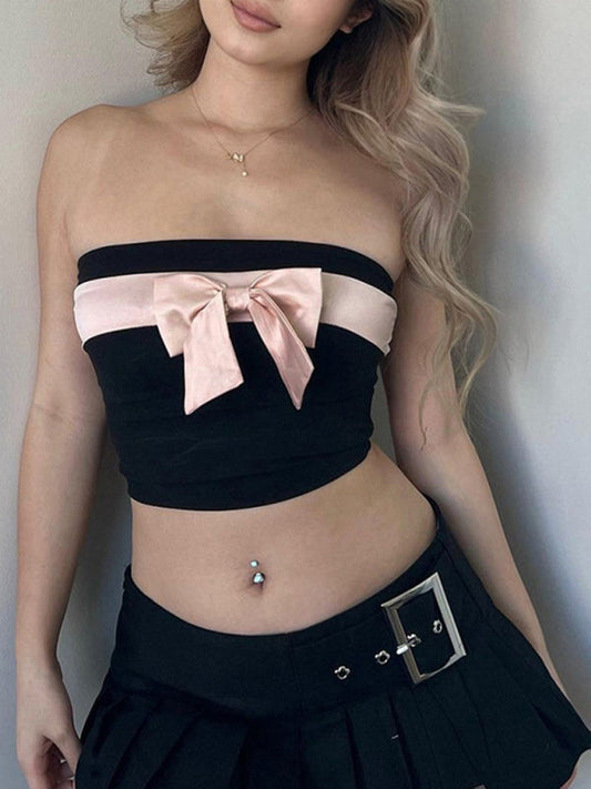 Tube Tops- Solid Strapless Tube Crop Top with Contrast Bowknot- Black- Pekosa Women Clothing