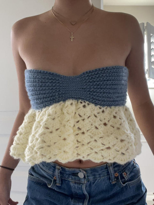 Tube Tops- Strapless Peplum Lace-Up Crochet Tube Top- - Pekosa Women Clothing