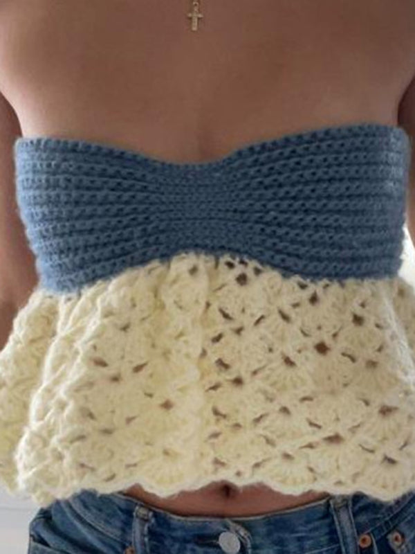 Tube Tops- Strapless Peplum Lace-Up Crochet Tube Top- - Pekosa Women Clothing