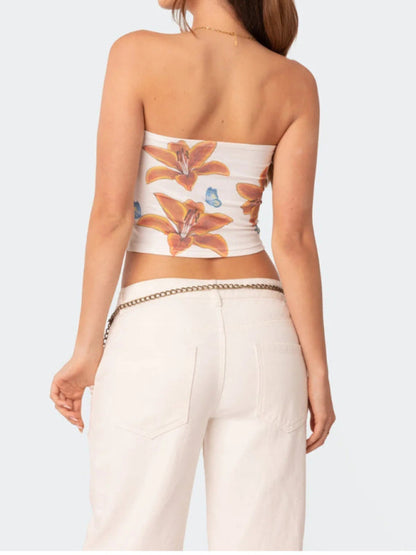 Tube Tops- Women's Fitted Floral Print Tube Crop Top for Summer- - Pekosa Women Fashion