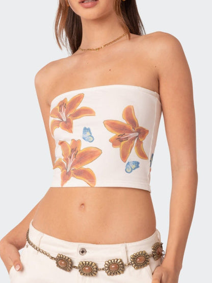 Tube Tops- Women's Fitted Floral Print Tube Crop Top for Summer- - Pekosa Women Fashion