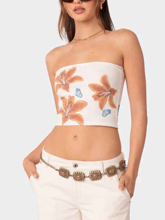 Tube Tops- Women's Fitted Floral Print Tube Crop Top for Summer- White- Pekosa Women Fashion