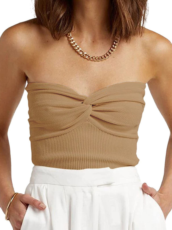 Tube Tops- Women's Strapless Knitwear Tube Knot Top- Khaki- Pekosa Women Fashion