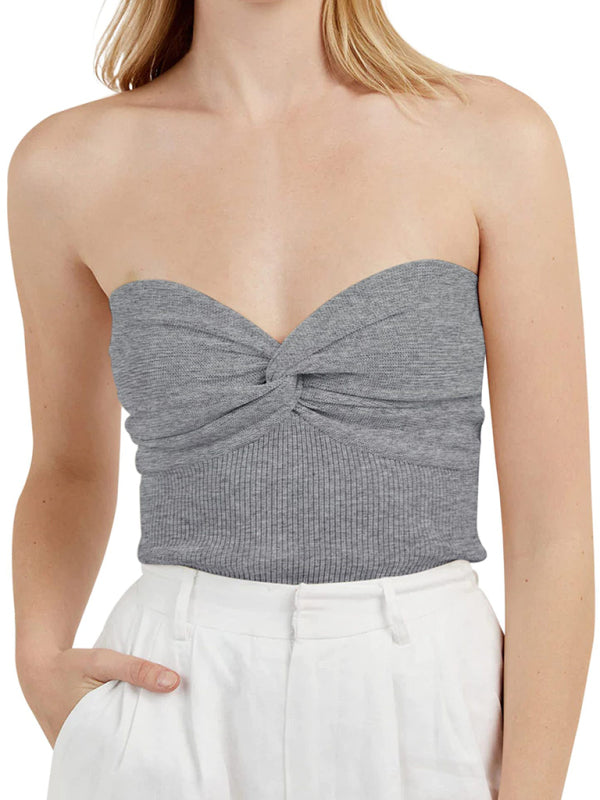 Tube Tops- Women's Strapless Knitwear Tube Knot Top- Grey- Pekosa Women Fashion