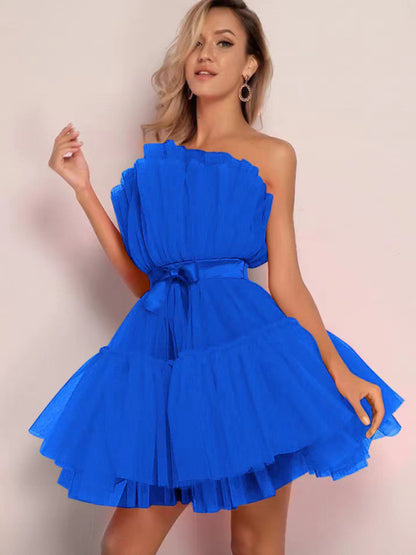 Tulle Dresses- Elegant Mesh Ruffle Tube Mini Dress- Blue- Pekosa Women Clothing