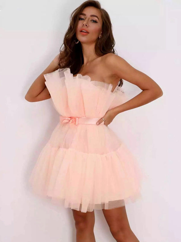 Tulle Dresses- Elegant Mesh Ruffle Tube Mini Dress- Pink- Pekosa Women Clothing