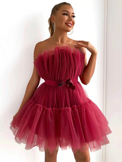 Tulle Dresses- Elegant Mesh Ruffle Tube Mini Dress- Dark Red- Pekosa Women Clothing