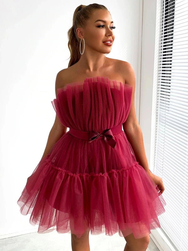 Tulle Dresses- Elegant Mesh Ruffle Tube Mini Dress- - Pekosa Women Clothing