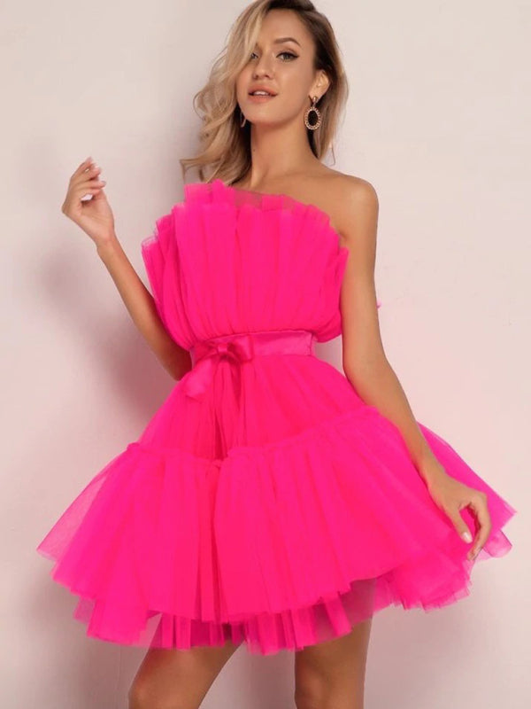 Tulle Dresses- Elegant Mesh Ruffle Tube Mini Dress- Rose- Pekosa Women Clothing