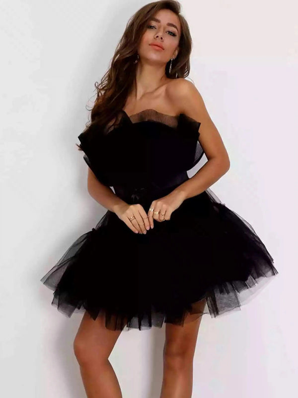 Tulle Dresses- Elegant Mesh Ruffle Tube Mini Dress- - Pekosa Women Clothing