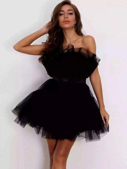 Tulle Dresses- Elegant Mesh Ruffle Tube Mini Dress- Black- Pekosa Women Clothing