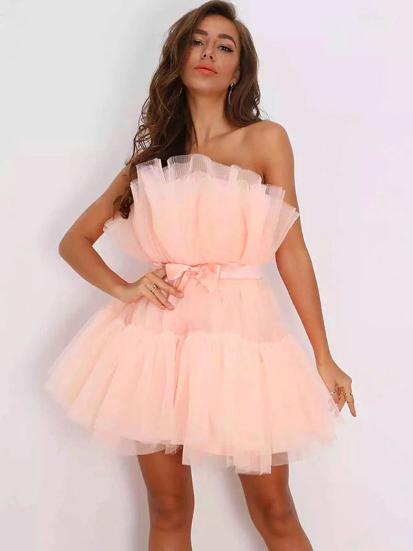 Tulle Dresses- Elegant Mesh Ruffle Tube Mini Dress- - Pekosa Women Clothing