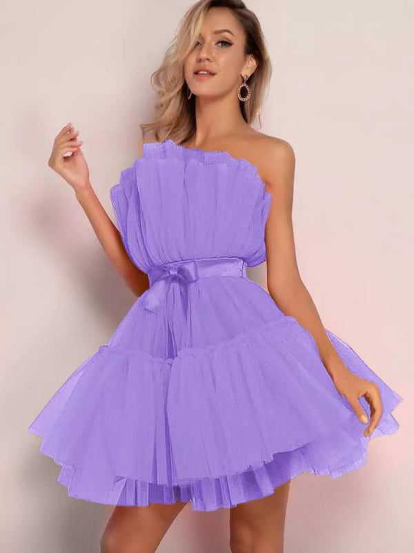 Tulle Dresses- Elegant Mesh Ruffle Tube Mini Dress- Purple- Pekosa Women Clothing