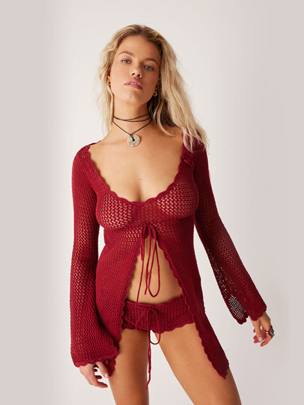 Tunic Cover Up- Open Knit Beachwear Cover-Up - Long Sleeve Crochet Tunic- - Pekosa Women Fashion