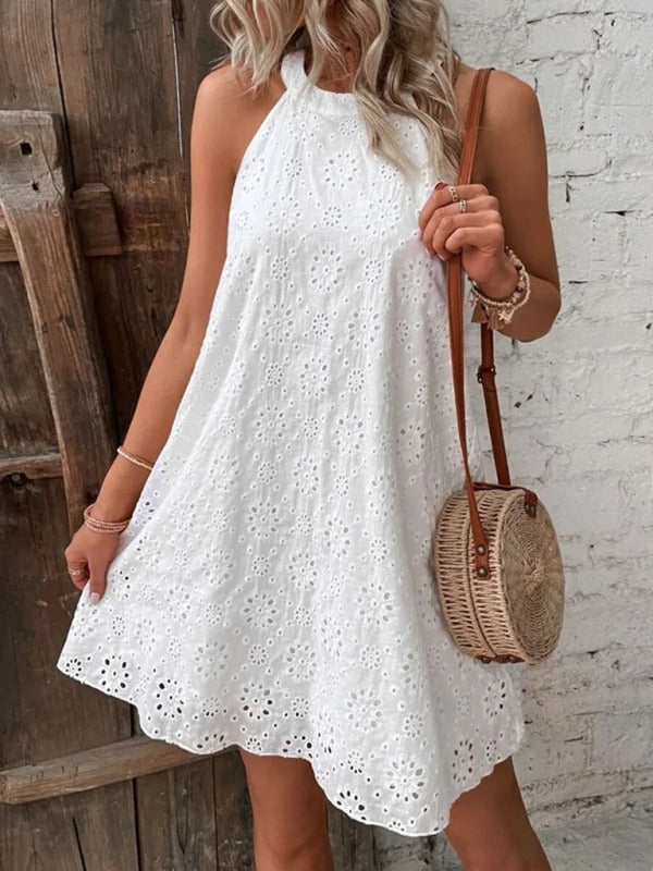 Tunic Dress- Chic and Breezy Eyelet Mini Tunic Dress for Women- - Pekosa Women Clothing