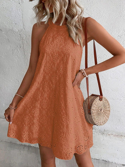 Tunic Dress- Chic and Breezy Eyelet Mini Tunic Dress for Women- Orange- Pekosa Women Clothing