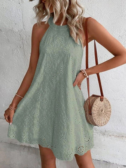 Tunic Dress- Chic and Breezy Eyelet Mini Tunic Dress for Women- Green- Pekosa Women Clothing