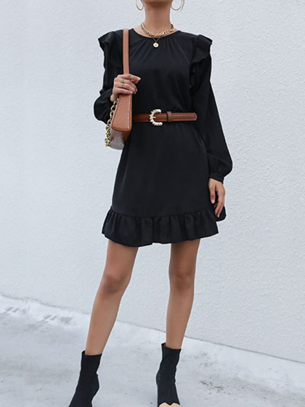 Tunic Dresses- Casual Ruffle Accents on Solid Tunic Dress- Black- Pekosa Women Clothing