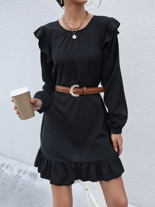 Tunic Dresses- Casual Ruffle Accents on Solid Tunic Dress- - Pekosa Women Clothing