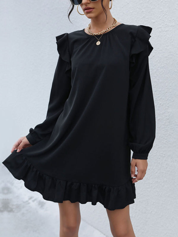 Tunic Dresses- Casual Ruffle Accents on Solid Tunic Dress- - Pekosa Women Clothing