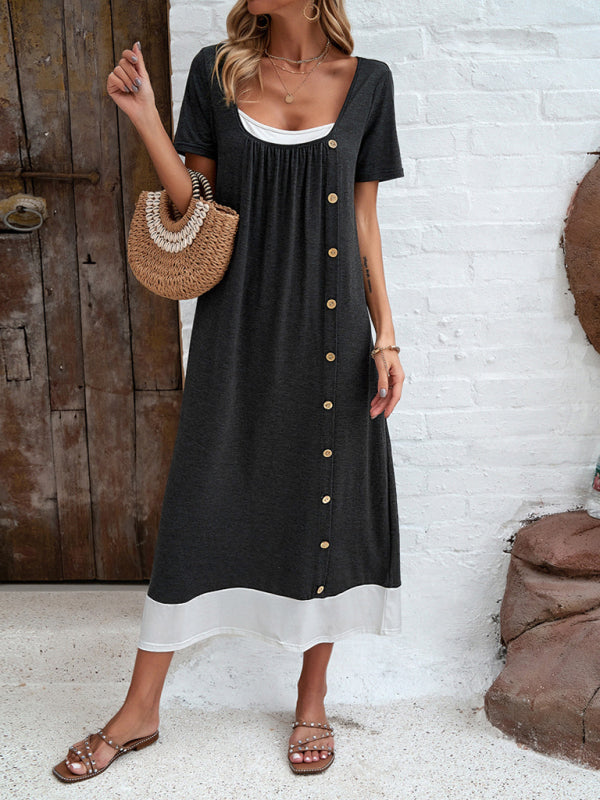 Tunic Dresses- Casual Two-Tone Tunic Midi Dress with Short Sleeves- - Pekosa Women Fashion