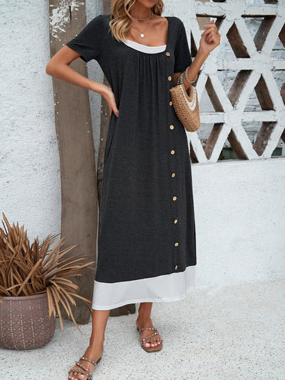 Tunic Dresses- Casual Two-Tone Tunic Midi Dress with Short Sleeves- - Pekosa Women Fashion